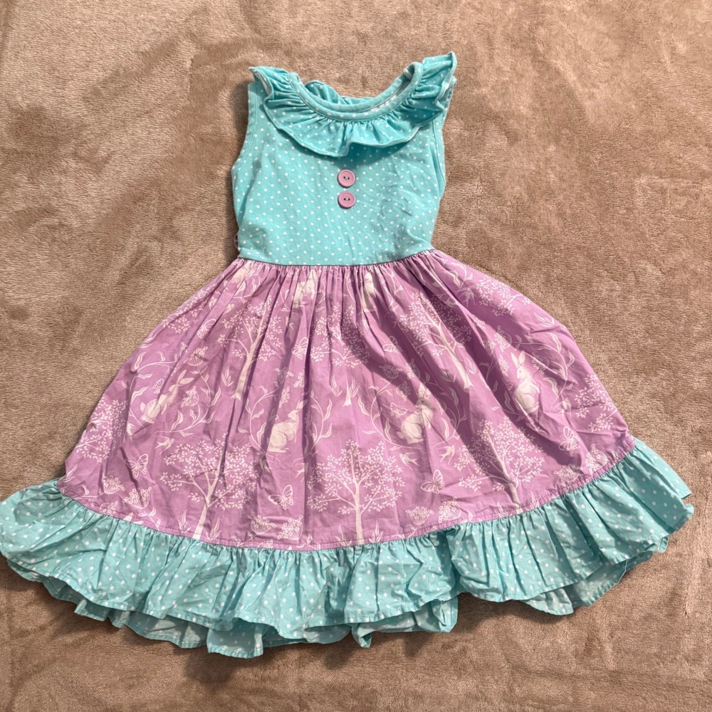 Eleanor Rose Girls Bunny Woodland Polka Dot Ruffle Dress Purple Blue Size 5-6